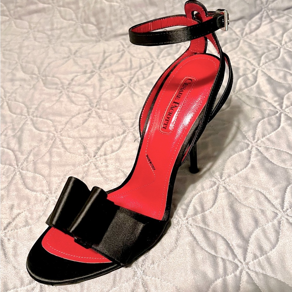 Cesare Paciotti Black Bow HighHeel Raso Seta-Gros Grain Italian Dagger PU479510T